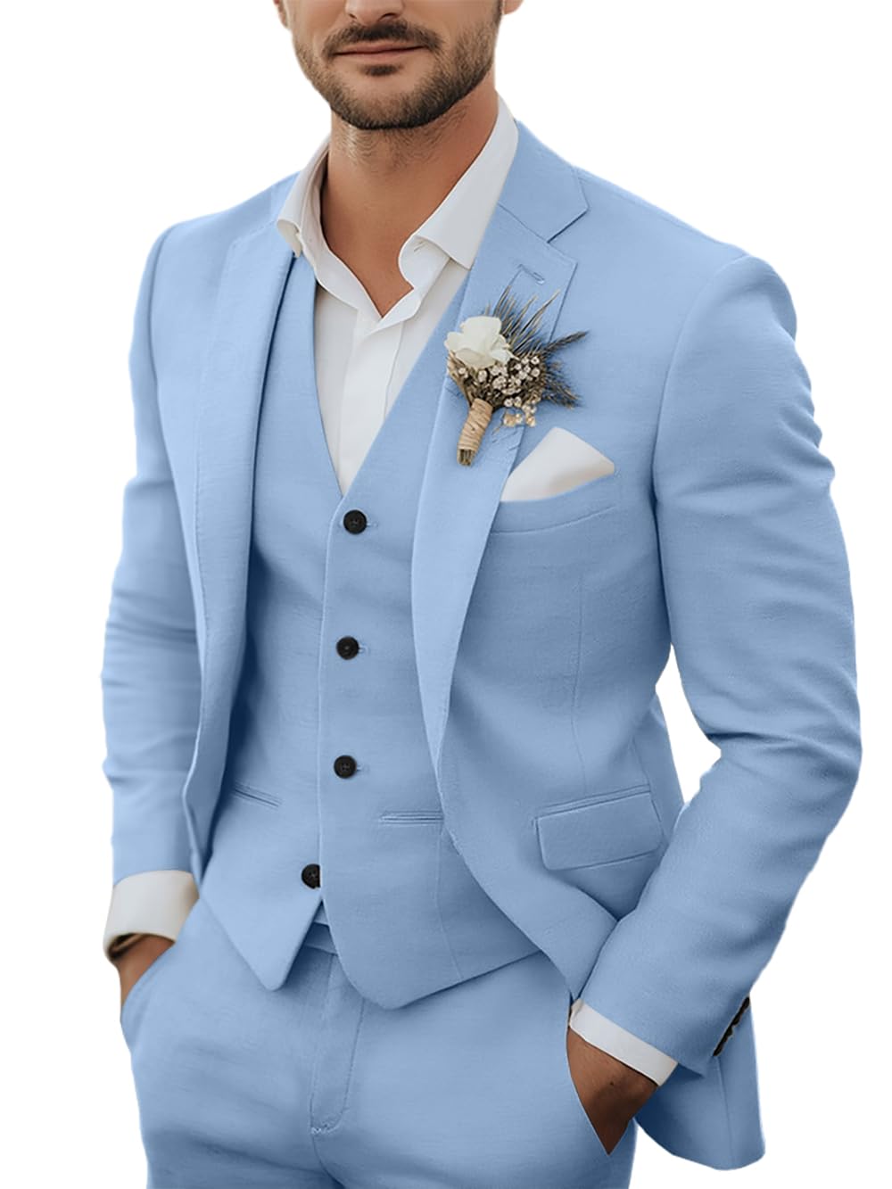 Photo 1 of Men's 3 Piece Linen Suits Set Regular Fit Casual Lightweight Blazer Jacket Vest and Pants Light Blue XL