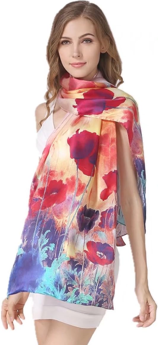 Women's 100% Charmeuse Mulberry Silk Long Scarf For Gift Hair Ladies Shawls Floral And Butterfly Scarves