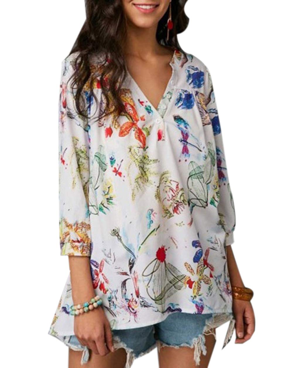 FELACIA Women\'s V Neck 3/4 Sleeve Floral Print T-Shirt Comfy Casual Blouses Tops for Women