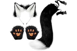 HAOAN Faux Fur Wolf Ears Headband Fox Tail and Paw Gloves Set Cosplay Halloween Costume Accessories
