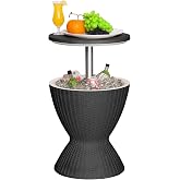 EasyUp Outdoor Cooler Bar Table, 8 Gallon, Black | Rattan-Style Resin, Adjustable Height, Drain Plug, For Poolside, Deck, BBQ &amp; Parties