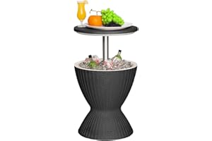 EasyUp Outdoor Cooler Bar Table – 8 Gallon Outdoor Patio Cooler Table with Drain Plug, Adjustable Height Rattan-Style Resin Cool Bar for Poolside, Deck, BBQ & Parties (Black)