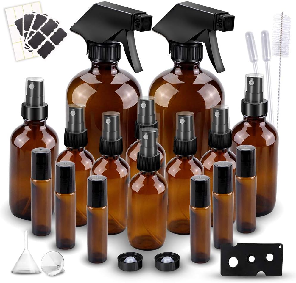 Glass Spray Bottle Set, Wedama Amber 6 10 ml Essential Oil Roller Bottles Kits with 10 Empty Glass Spray Bottle (16/4/2oz) & Accessories for Aromatherapy Facial hydration Watering Flowers Hair Care