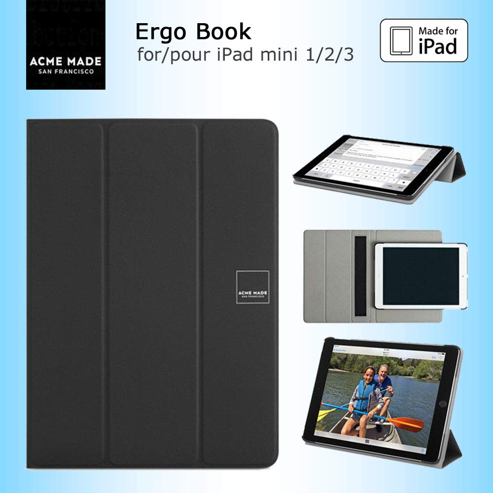 Acme Made Ergo Book 360° Rotating Stand Slim Smart Folio Case Tri-Fold Cover with Hand Strap Quick Spin and Hybrid Satin Soft Shell for Apple iPad Mini 1 2 and 3 - Black