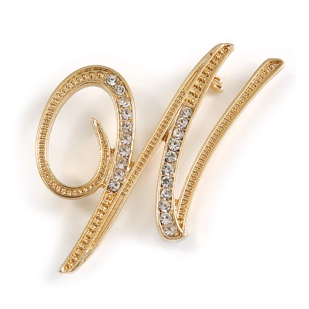 'W' Gold Plated Clear Crystal Letter W Alphabet Initial Brooch Personalised Jewellery Gift - 35mm Tall
