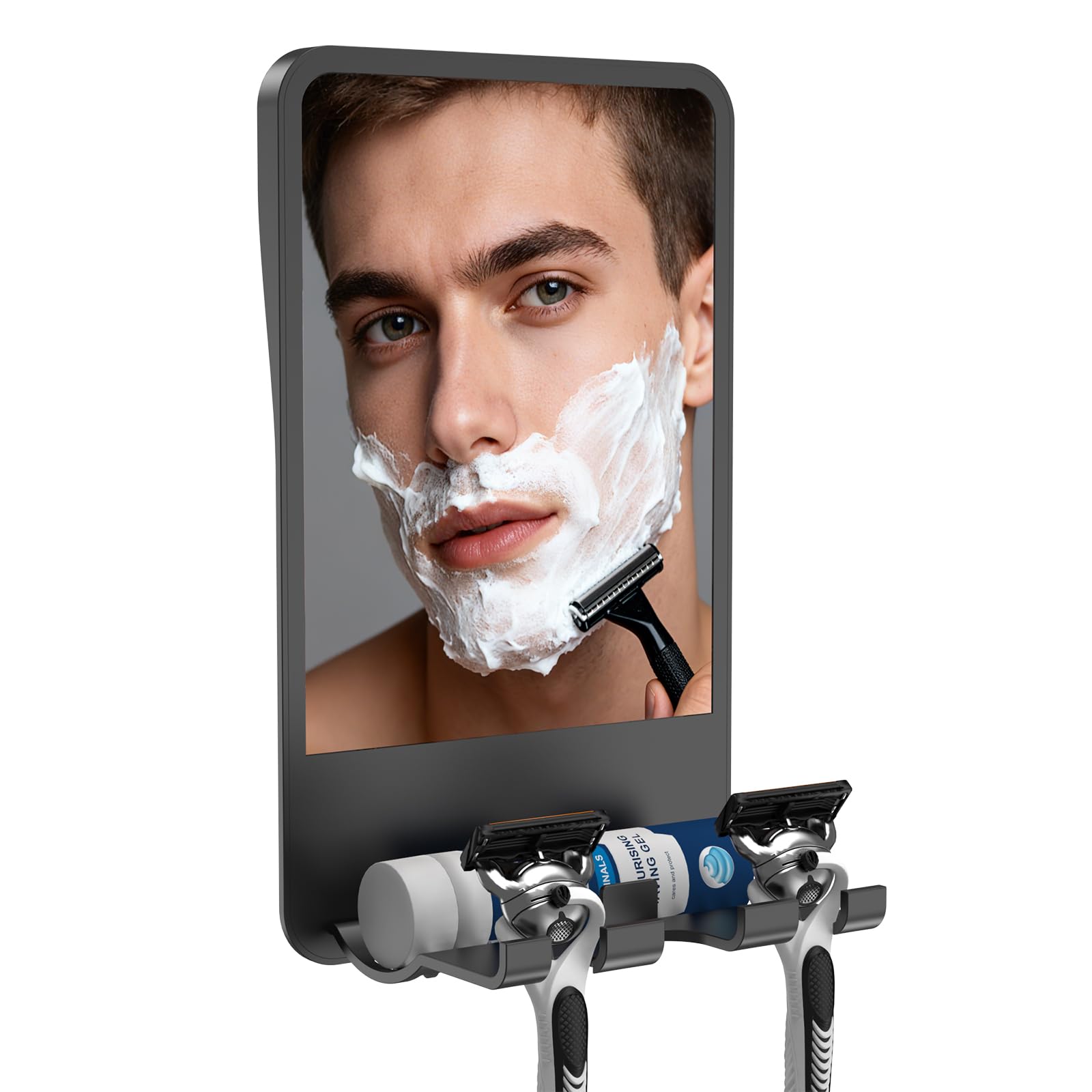 Photo 1 of Infitrans Shower Mirror for Shaving Fogless with Multifunctional Storage for Razor and Shaving Foam Canister, Adhesive or Screw Optional Installation,Adjustable Angle, Black
