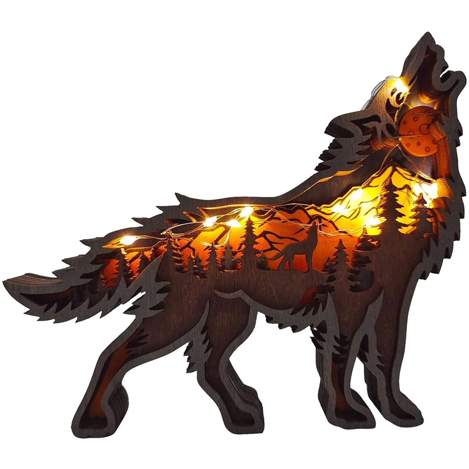 Photo 1 of Linwnil Forest Animal Wooden Home Wall Sculptures Ornament,Multi-Layer 3D Wood Carving Art Shelf Table Wood Crafts Home Furnishing (Wolf)