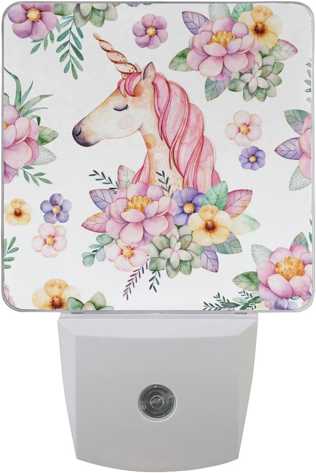 Led Night Light Unicorn Floral Flower, Auto Senor Dusk to Dawn Night Light Plug in for Kids Baby Girls Boys Adults Room