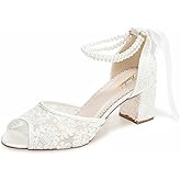 Bridaluxe 10520 Women’s Peep Toe Wedding Shoes 2.56 Inch Block Heel Lace Pearl Ankle Strap Bridal Heels