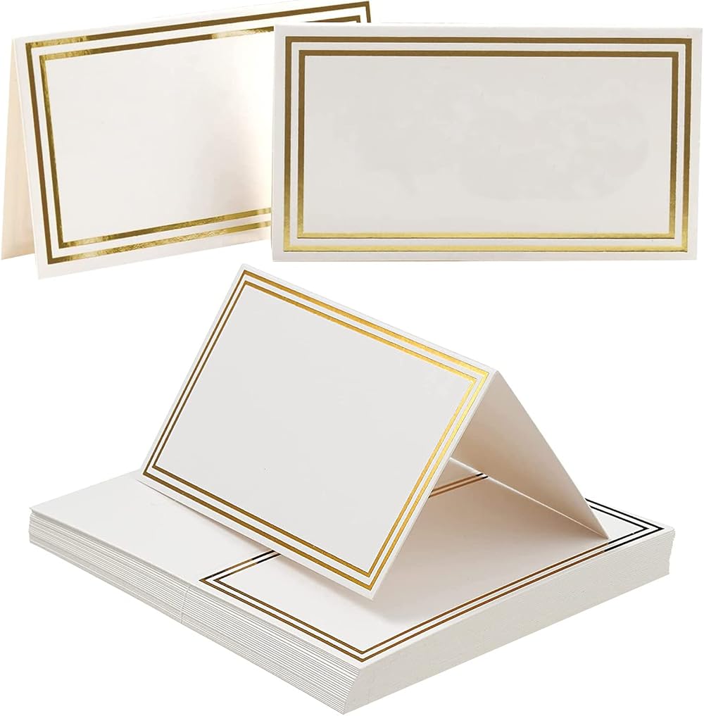 Gunwon 25Pcs Table Cards with Double Gold Border White 3.5x2in Wedding