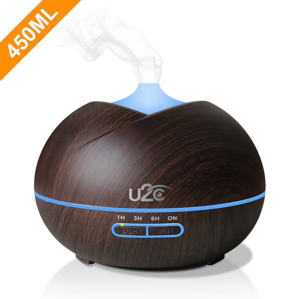 U2C Essential Oil Diffuser, 【450ml Aroma Diffuser Wood Grain】 Ultrasonic Aroma Diffuser Cool Mist Humidifier with Low Water Auto Shut-Off, 7 Color LED for Office Home Bedroom Study