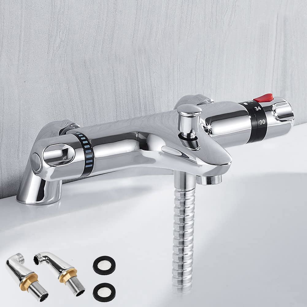 Thermostatic Bathroom Taps Modern Shower Mixer Valve Bar Anti Scald Tap with Bath Filler Spout Solid Brass (Deck Mounted)