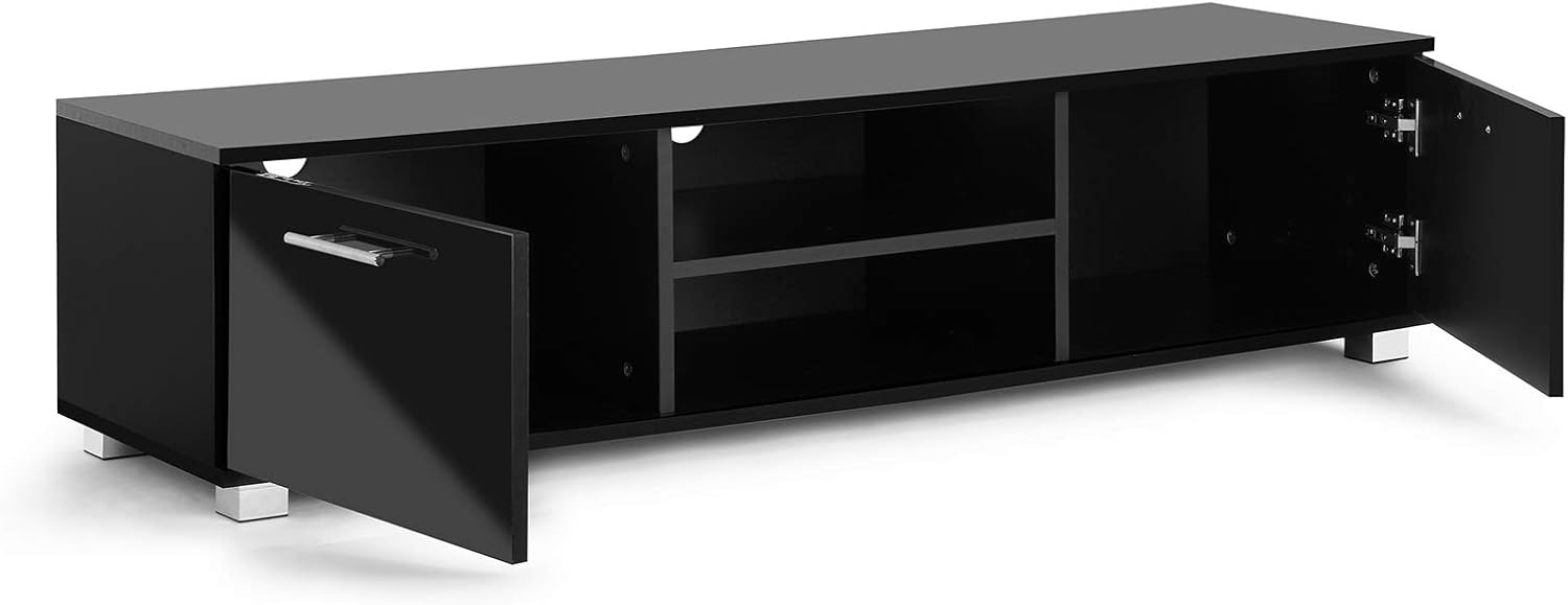 MMT Black Gloss TV Stand Cabinet 140cm for Up to 65 Inch TV, Living Room Furniture with Storage Cupboard and Open Shelving - Image 5