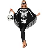 PARTY TELLER 3 PCS Day of the Dead Costume for Women Sugar Skull Poncho | Sugar skull costume with flower headband and matching tote bag for day of the dead themed halloween cosplay parties.