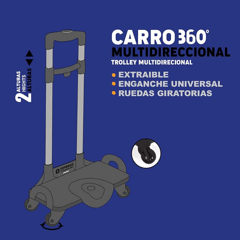 Carrinho de sacos de brinquedo multidirecional 360° - Rodas giravelmente 360° - inclui tampa anti-inclinação dianteira e laterais reforçadas - Ideal para adaptar qualquer mochila - Sacos de brinquedos — foto 6 de 7