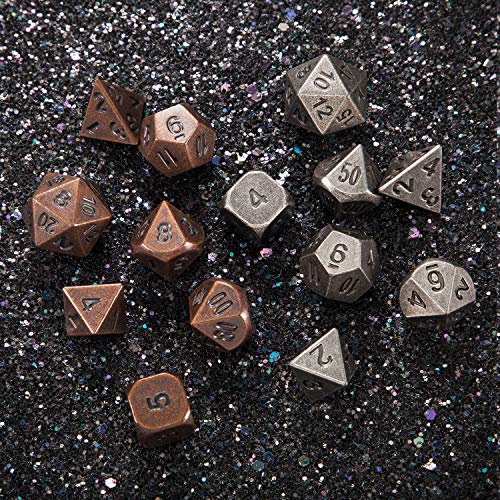 Jovitec 14 Pieces Metal Solid Zinc Alloy Game D&D Dices Set Durable Polyhedral Dice with Printed Numbers and Velvet Storage Bags for Game, Dungeons and Dragons, RPG, Math Teaching (A)