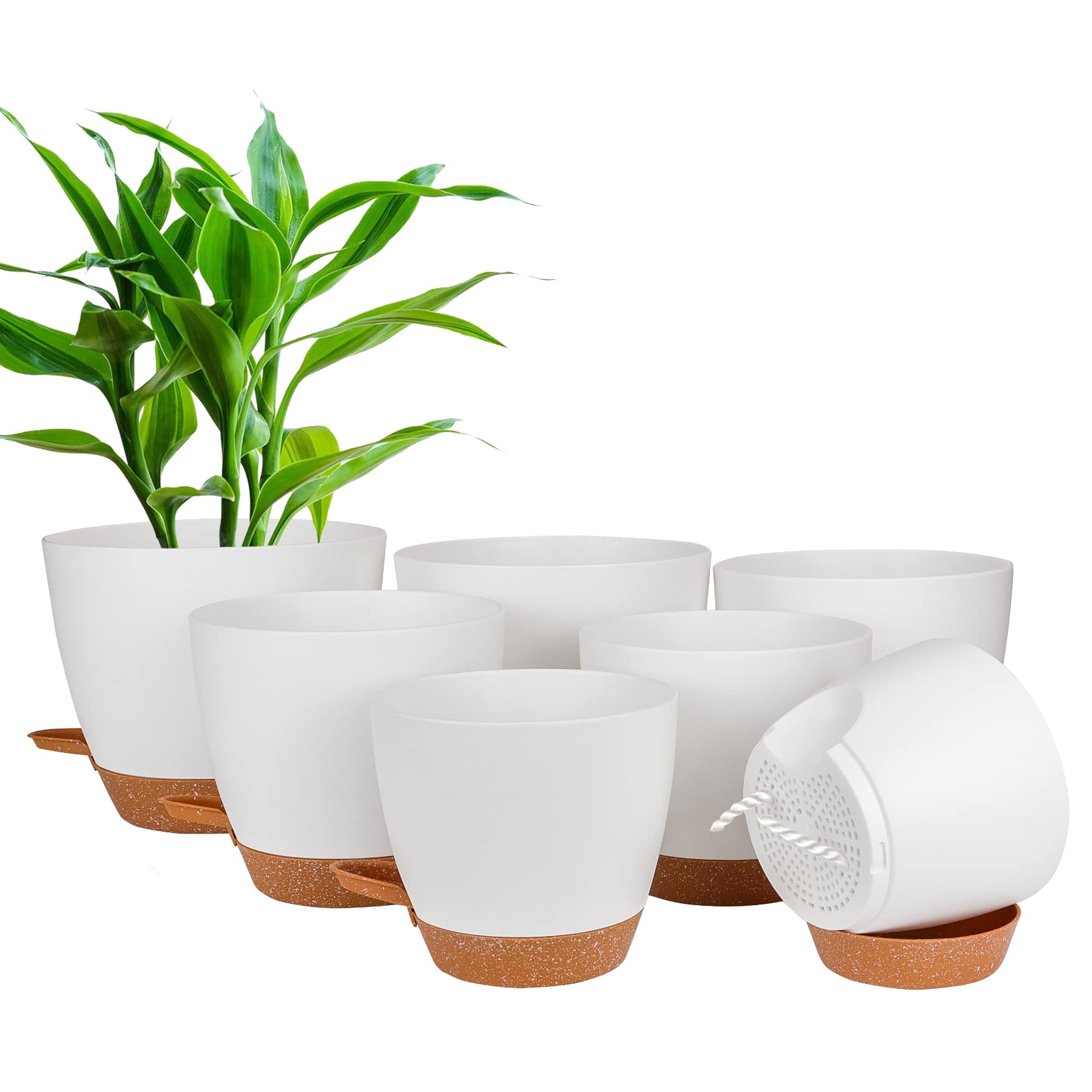 CSYY Plant Pots Indoor, 7Pack Plastic Plant Pots 20.3/19/17.7/16.5/15.2/14/12.7cm, Flower Pots Outdoor Self Watering Plant Pot with Drainage Holes Tray, Plastic Planter for Garden House Plants(White)
