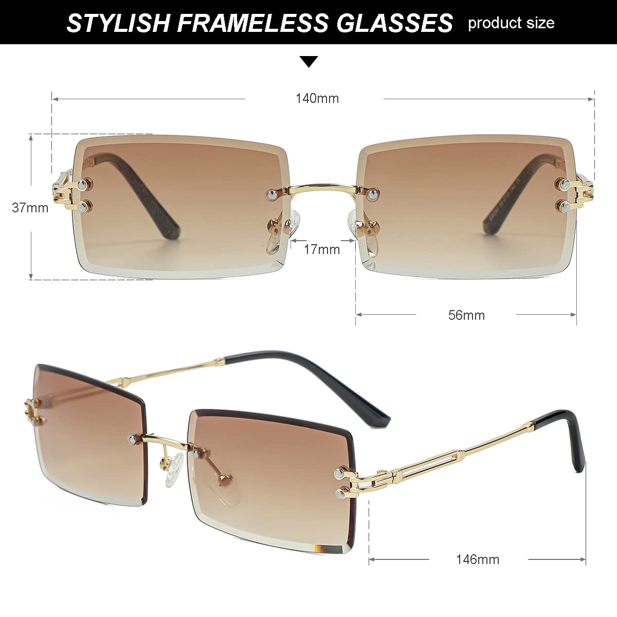 Gleyemor Rimless Rectangle Sunglasses for Women Mens Fashion Vintage Frameless Square Glasses with Gradient Lens