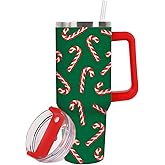 JarThenaAMCS Christmas Tumbler with Handle Straw and Lid 40oz Candy Cane Tumbler with Lid Straw Green Red Xmas Winter Stainless Steel Cup for Iced Coffee Home Office Travel