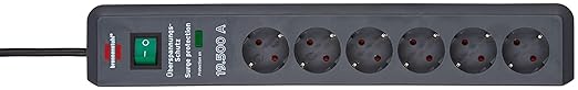 Brennenstuhl Secure-Tec, Steckdosenleiste 6-fach mit Überspannungsschutz (2m Kabel und Schalter) Farbe: anthrazit