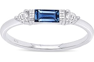 AFFY 925 Sterling Silver Baguette Cut Simulated Birthstone And White Cubic Zirconia Three Stone Design Bridal Engagement Wedding Ring Jewelry, Gift For Her