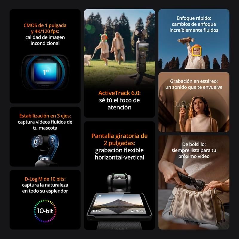 Dji osmo pocket 3 creator pack, câmera com cmos de 1'' e 4k/120 fps, estabilização de 3 eixos, rastreamento de rosto/alvo, foco rápido, inclui microfone som nítido, pequeno