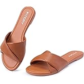 FITORY Women's Flat Sandals Fashion Slides With Soft Leather Slippers for Summer Size 6-11