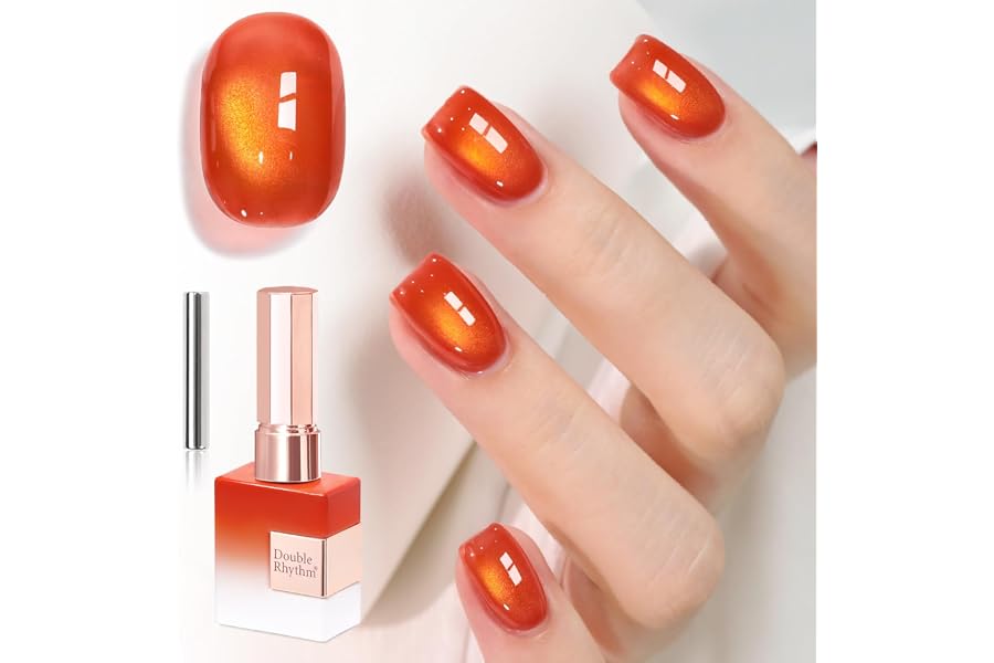 Double Rhythm 15ML Glass Cat Eye Gel Polish with Magnet Holographic Glitter Shimmer Color Salon Magnetic Nail at Home (Bright Orange-MC1424)