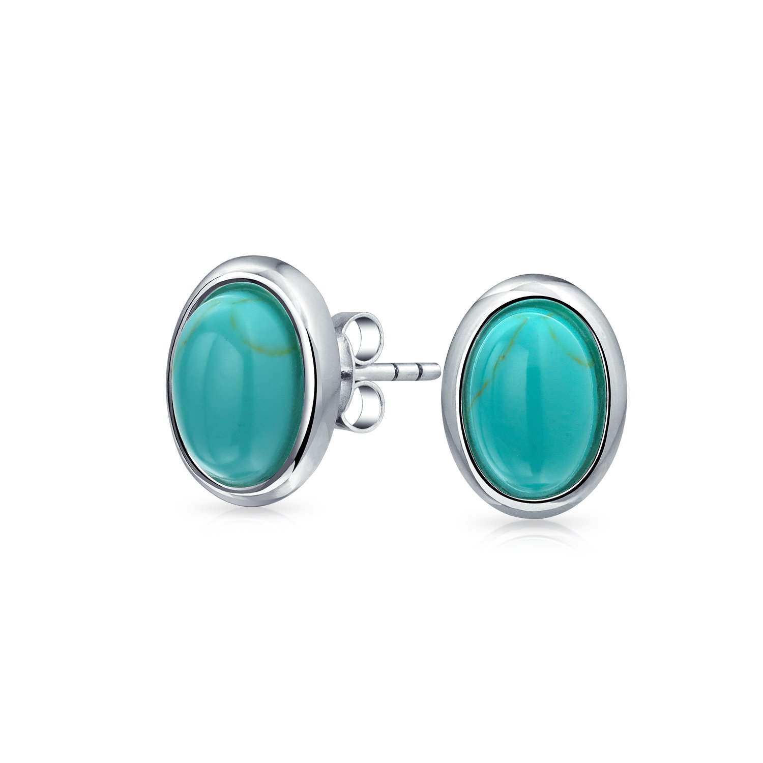 Traditional Classic Gemstone Stabilized Blue Turquoise Amber Bezel Set Dome Button Oval Stud Earrings For Women .925 Sterling Silver — image 1