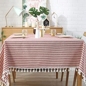 AMZALI Stripe Tassel Tablecloth Cotton Linen Stain Resistant/Dust-Proof Waterproof Table Cover for Kitchen Dinning Tabletop Decoration (Rectangle/Oblong,55 x 87 Inch, Red)