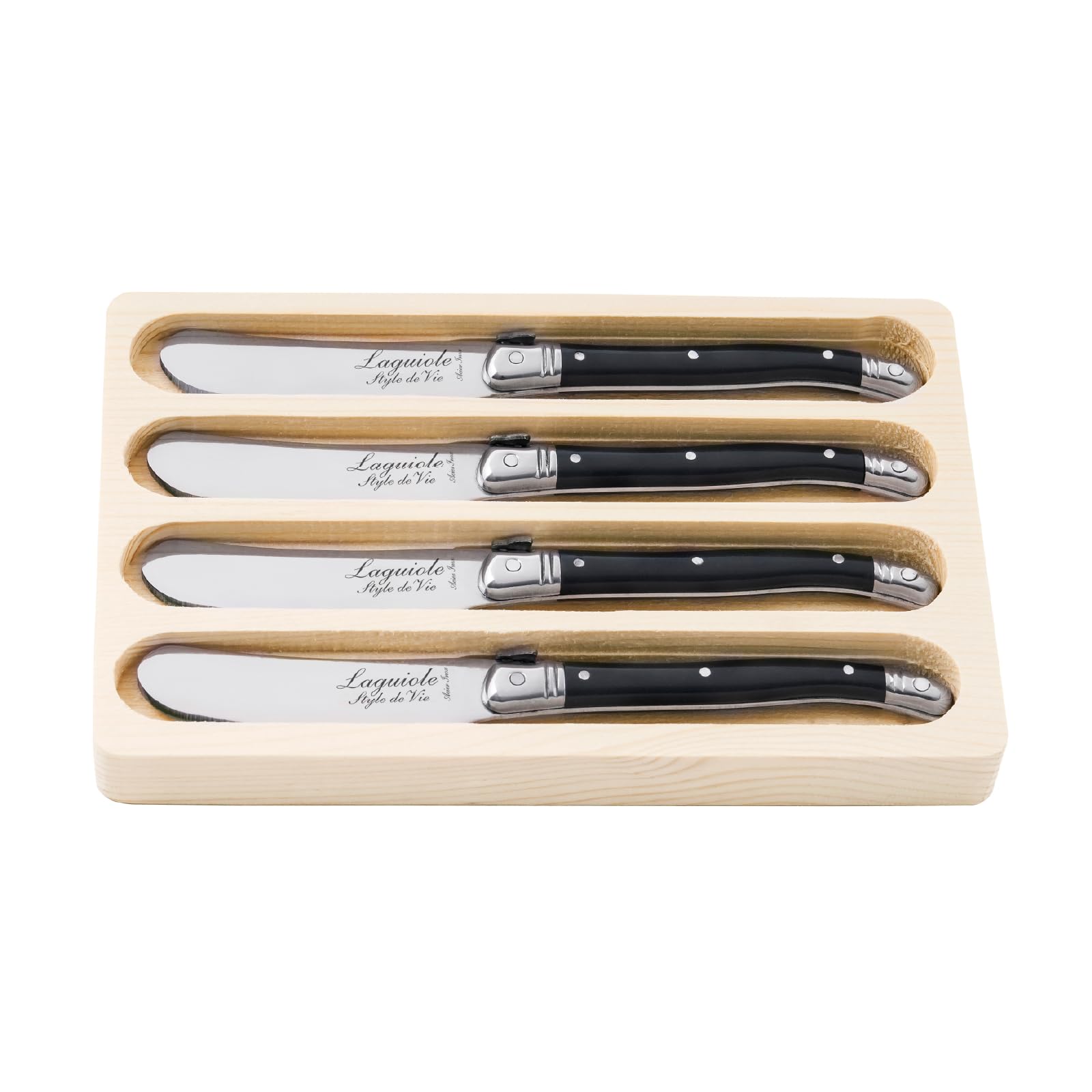 Laguiole Style de Vie Butter Knives set of 4 - Premium Line butter knife with Plastic handle - Black - Spreader in Laquiole style