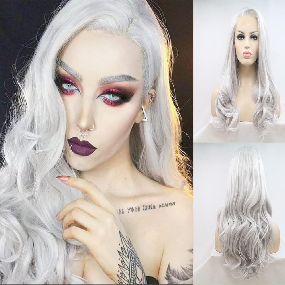 xiweiya Silver Blonde Wavy Lace Front Wig Platinum Blonde Side Part Natural Hairline Synthetic Wig Heat Resistant Fiber High Density Lace Wig for Women, 22''
