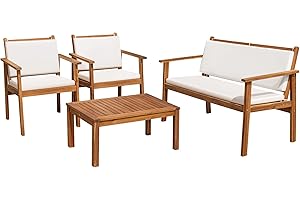 Flamaker Patio Furniture 4 Piece Outdoor Acacia Wood Patio Conversation Sofa Set with Table & Cushions Porch Furniture for Deck, Balcony, Backyard