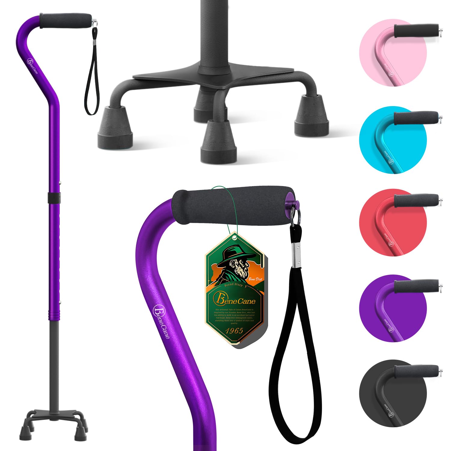 BeneCane Walking Stick Quad Cane for Men and Women,Adjustable Walking Cane with 4-Pronged Base for Extra Stability,Offset Soft Cushioned Handle for Men & Women