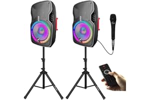 EXOTON 12 inch Professional Dual Powered PA Speakers, 1000 Watts 2-Way Active&Passive Loudspeakers, PA System Combo Set with Microphone/Tripods/Remote Control/Bluetooth/USB/LED Light, Indoor Outdoor
