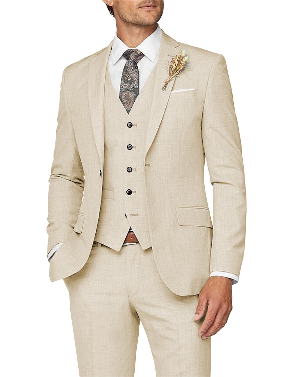 Wangyue Men's 3 Piece Suit - Beige Dinner Party