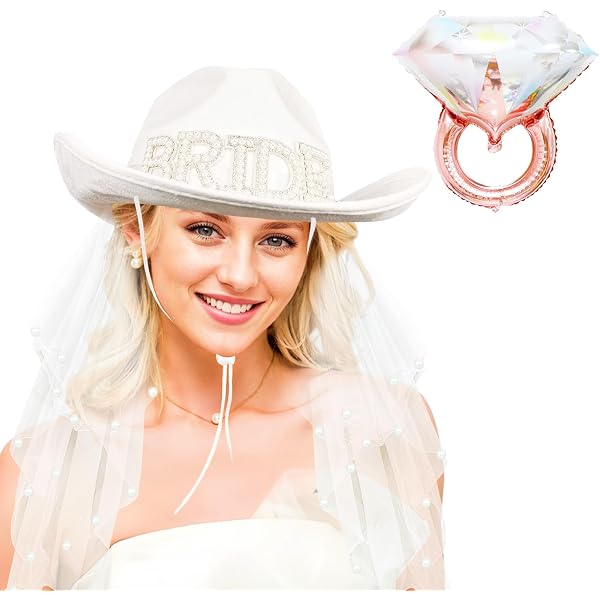 Bride Cowgirl Hat with Veil and Diamond Ring Balloon 2 Pieces White Cowboy Hat White Diamond Cowboy Hat With Double Rhinestone Band  main image 4