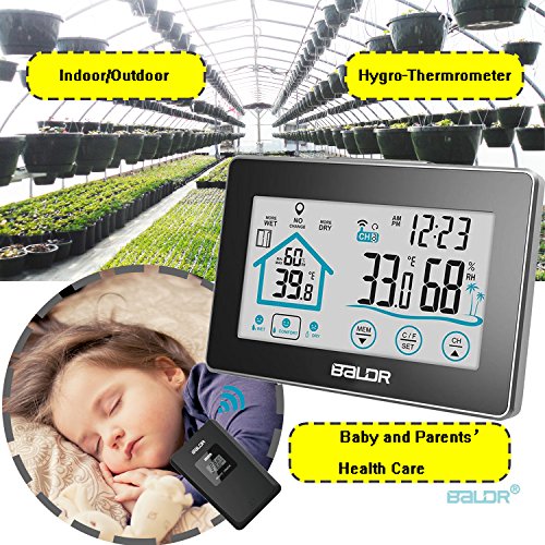 Digital Hygrometer Thermometer Wireless with Remote Sensor, Outdoor Indoor Humidity Meter Temperature Monitor Gauge, Touchscreen Battery Operated, Table Stand/Wall Mounting, White Backlight