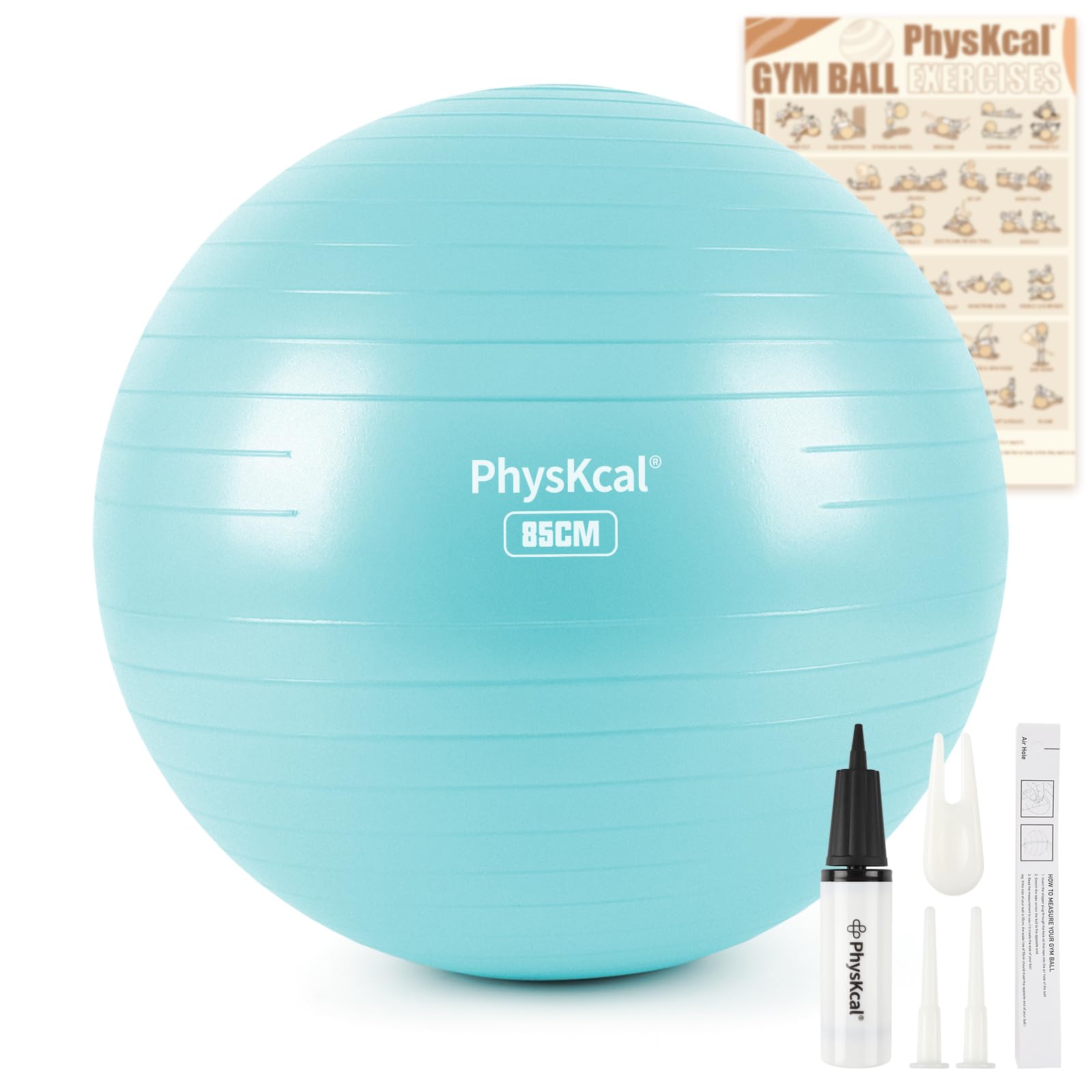 PhysKcal Gym Ball 85cm Blue Exercise Swiss Ball for Fitness Yoga Pilates Pregnancy, Anti Burst Ball Chair for Balance, Stability, Quick Pump Included