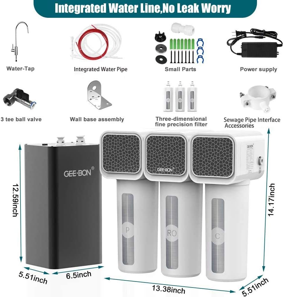 GEE BON 7-Stage RO Reverse Osmosis Under Sink Water Filtration System, 500 GPD Fast Flow Tankless Water Purification Machine with Water Filter Faucet, TDS Reduction, 1:1 Drain Ratio - - 