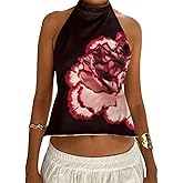 Women Graphic Sleeveless Mock Neck Tank Top Floral Print Open Back Halter Camisole Sexy Fashion Polka Dot Vacation Tops