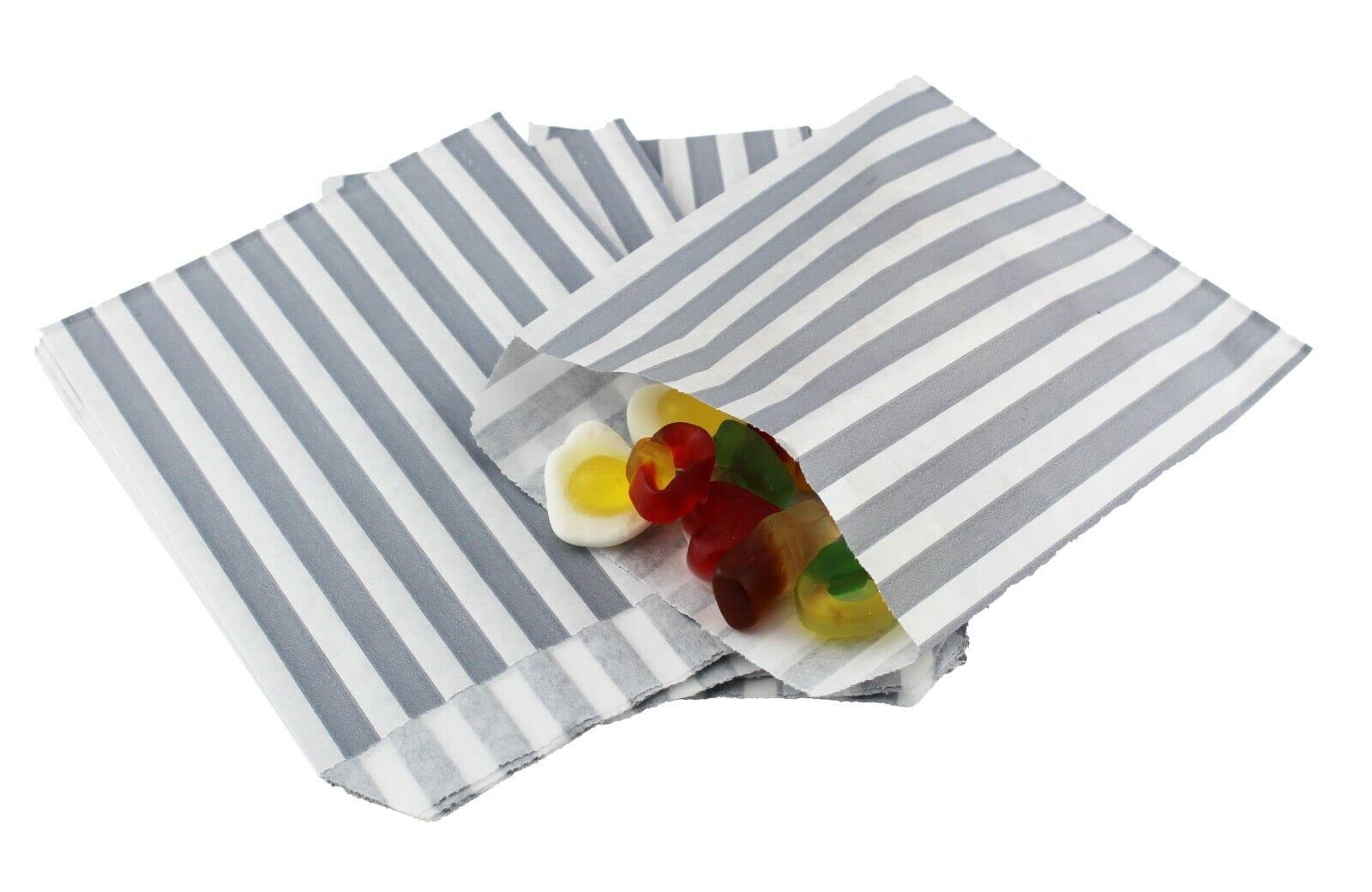 Bag It Plastics Candy Stripe Paper Sweet Bags | Silver | 5" x 7" / 125x175mm | Pack of 50 | Multipurpose Use for Sweets, Popcorn, Wedding Favours, Pick and Mix & Cookies!