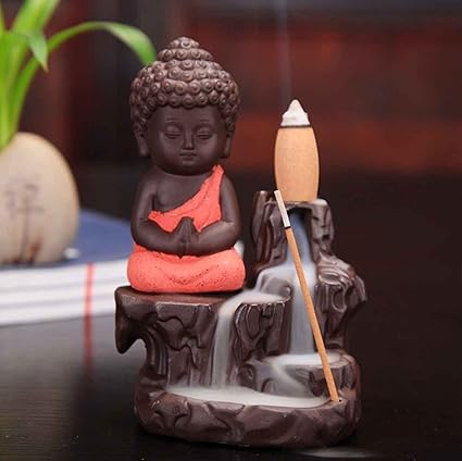 DS Handicraft Express Red Monk Smoke Fountain Backflow Cone Incense Holder Decorative Showpiece with 10 Free Smoke Backflow Scented Cone Incenses