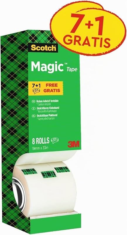 Magic Cinta Adhesiva Invisible - Caja de 8 Rollos de 19mm x 33m - Cinta Adhesiva de Uso General para Reparación, Etiquetado y Sellado de Paquetes y Documentos