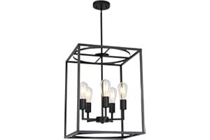 BONLICHT 5 Light Large Farmhouse Chandelier Rustic Dining Room Lighting Fixtures Hanging,Black Foyer Square Cage Pendant Lighting Vintage Industrial Kitchen Island Ceiling Lamp with Metal Art Shade