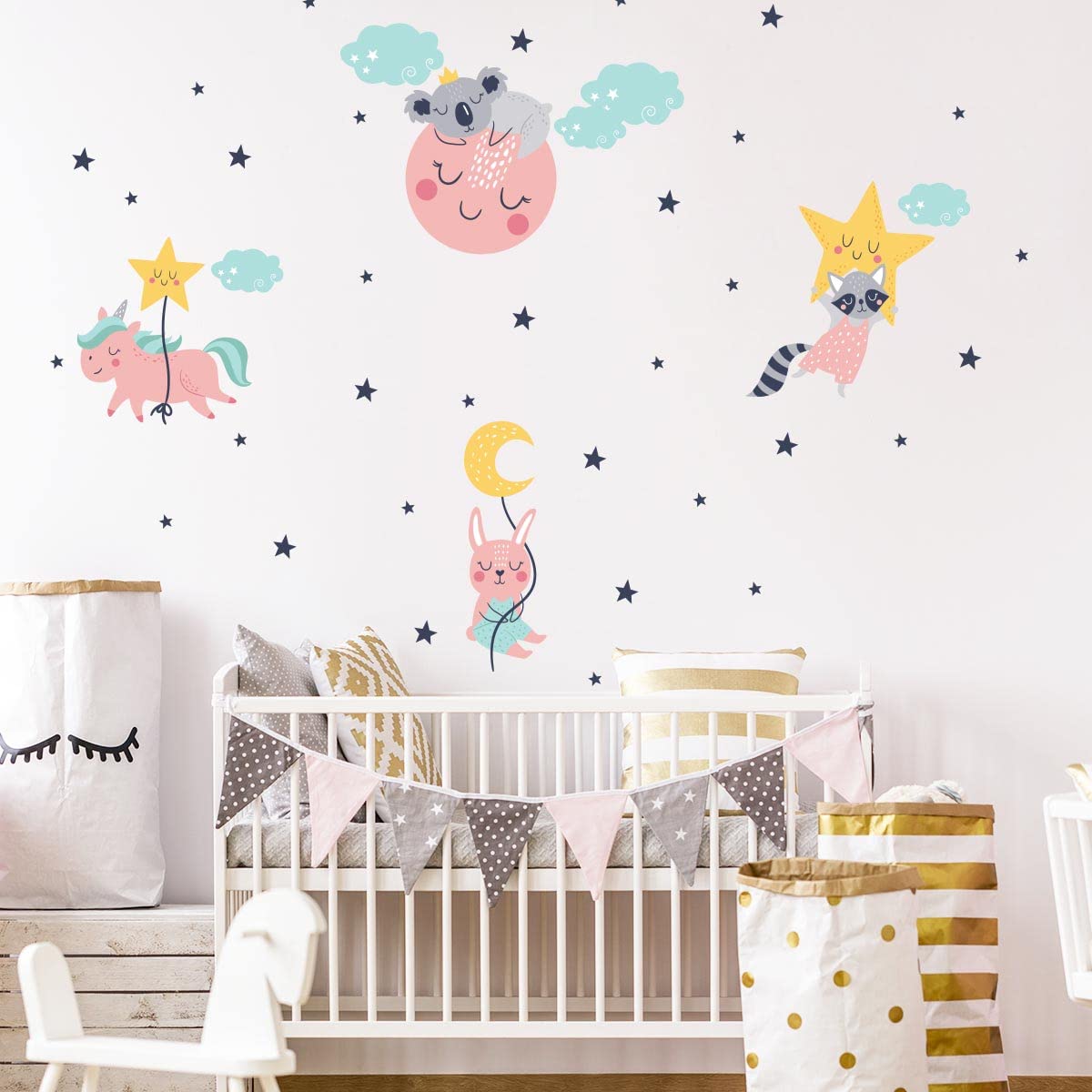 Children's Wall Stickers - Baby Room Decoration - Children's Bedroom Wall Sticker - Unicorn and Friends in The Starry Sky - H60 x L90 cm