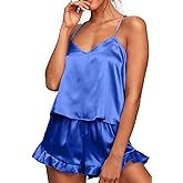 CHYRII Women's Sexy Silk Satin Ruffled Pajamas Sets Cami Shorts Sets Sleepwear