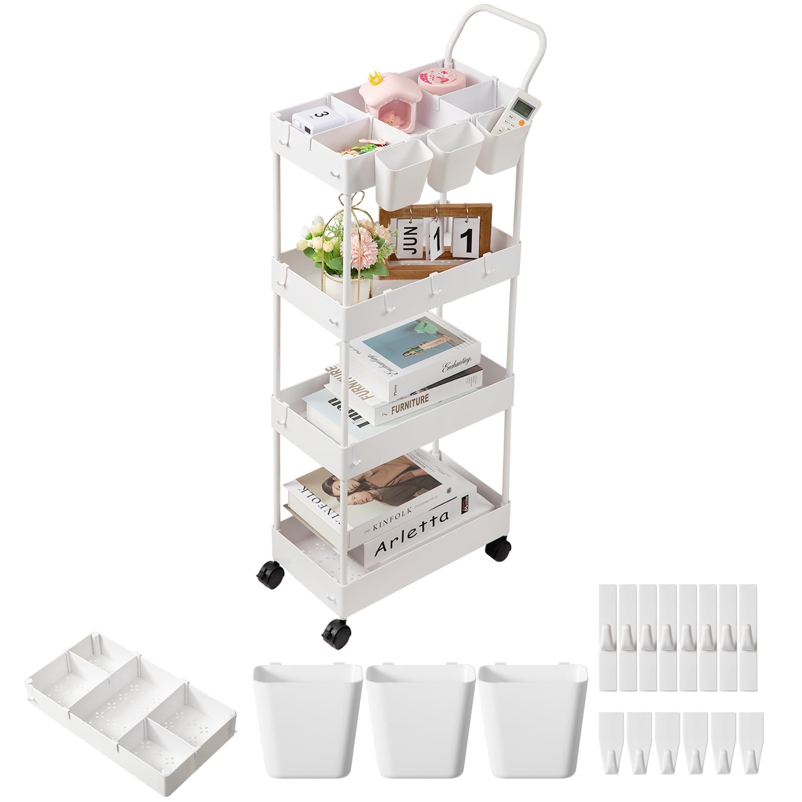Photo 1 of danpinera Storage Cart, 4 Tier Narrow Rolling Storage with Wheels & Dividers, Bathroom Organizer Slim Laundry Cart with Handle Hanging Cups Hooks, White