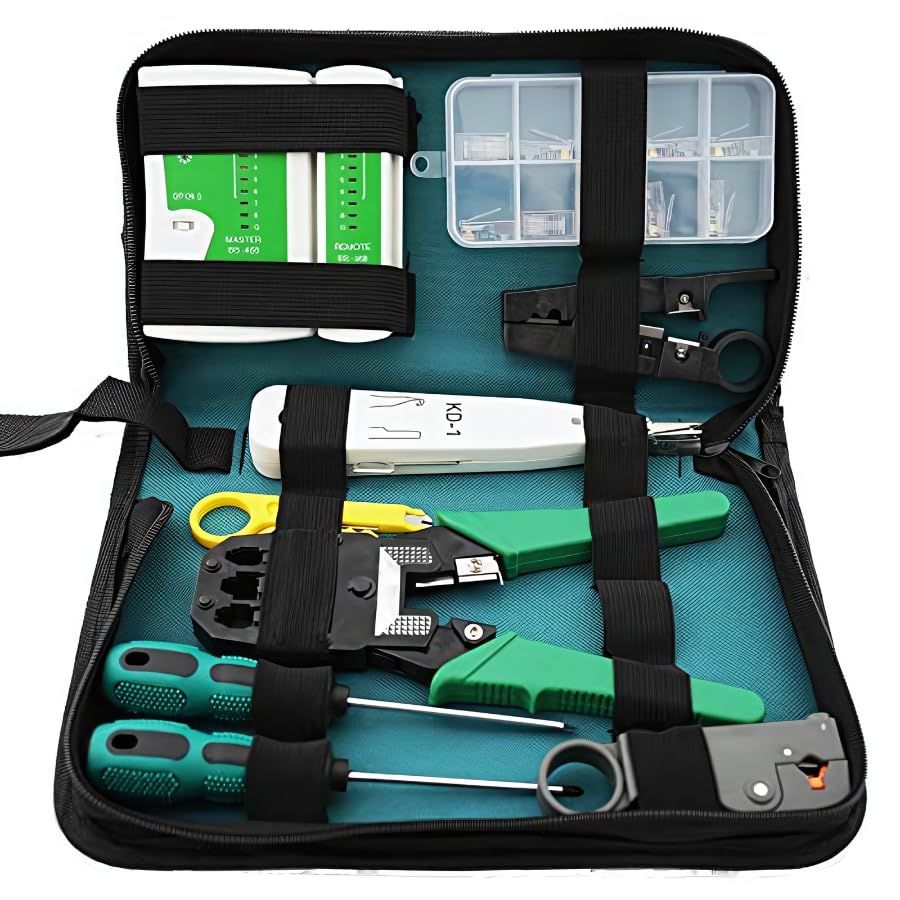 11pcs Ethernet Network Tool Kit Bag, LAN RJ11 RJ45 CAT5 CAT6 TV Cable Tester, 11-in-1 Repair Computer Mobile Device Maintenance Crimp Stripper Tool Set with Waterproof Case