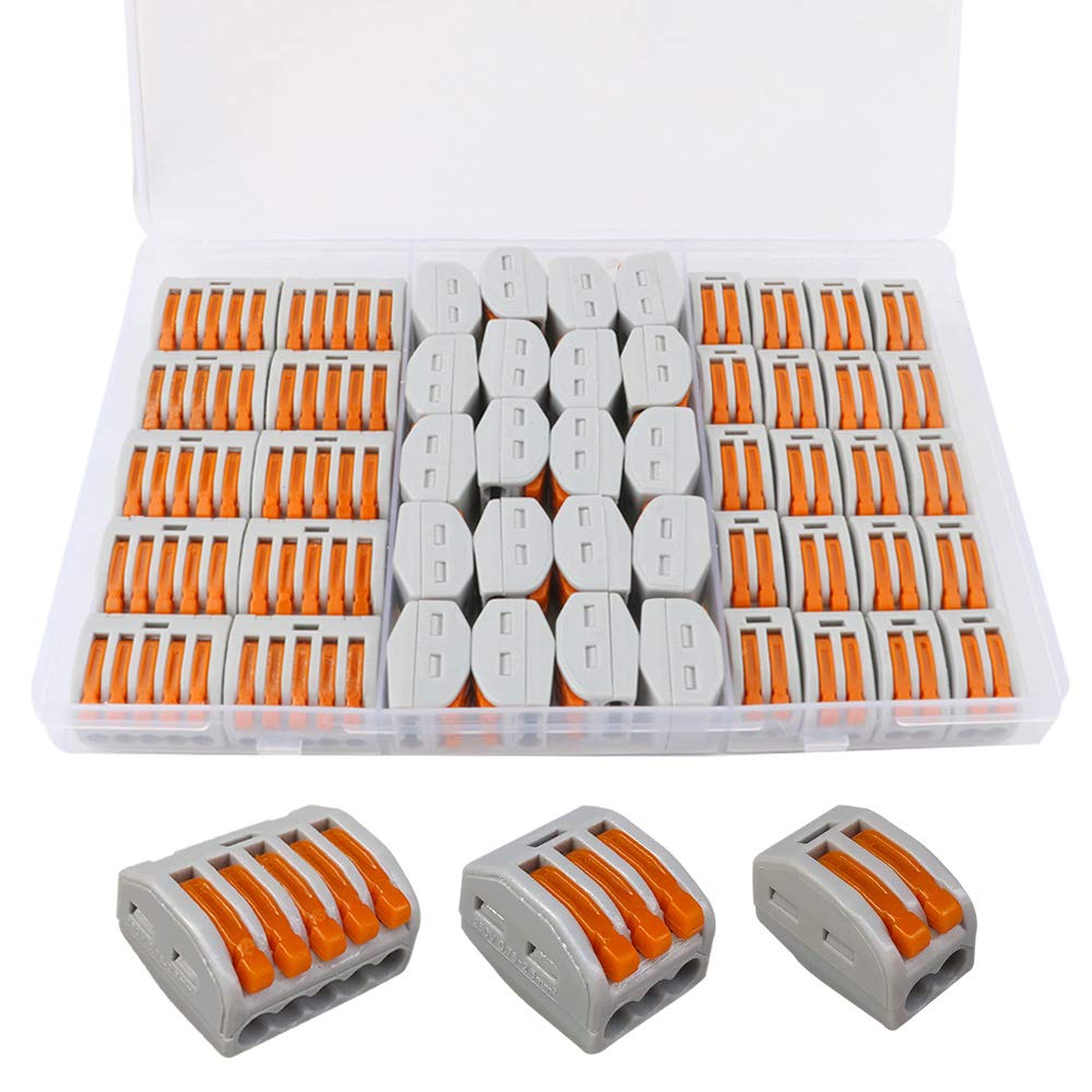 QitinDasen 50Pcs Premium Lever-Nut Wire Connectors Set, Conductor Compact Wire Connectors, Quick Splicing Connector Cable Clamp Terminal Block Spring Connector (PCT-212, PCT-213, PCT-215)